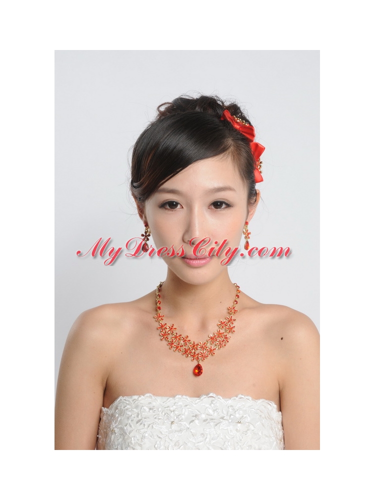 Red Alloy and Imitation Jewelry Set Including Necklace And Earrings