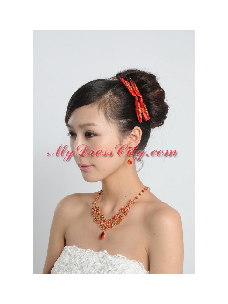 Red Alloy and Imitation Jewelry Set Including Necklace And Earrings