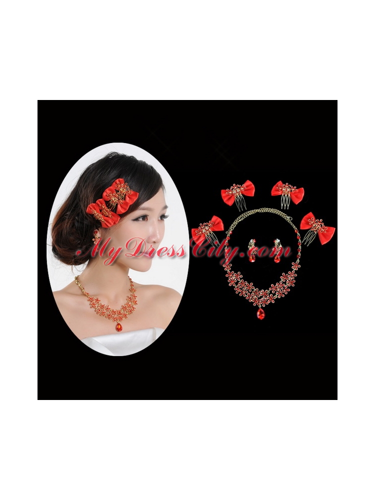 Red Alloy and Imitation Jewelry Set Including Necklace And Earrings