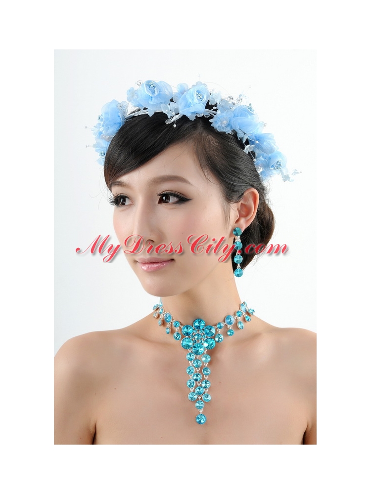 Blue Flowers Rhinestone Jewelry Set Including Necklace And Earrings