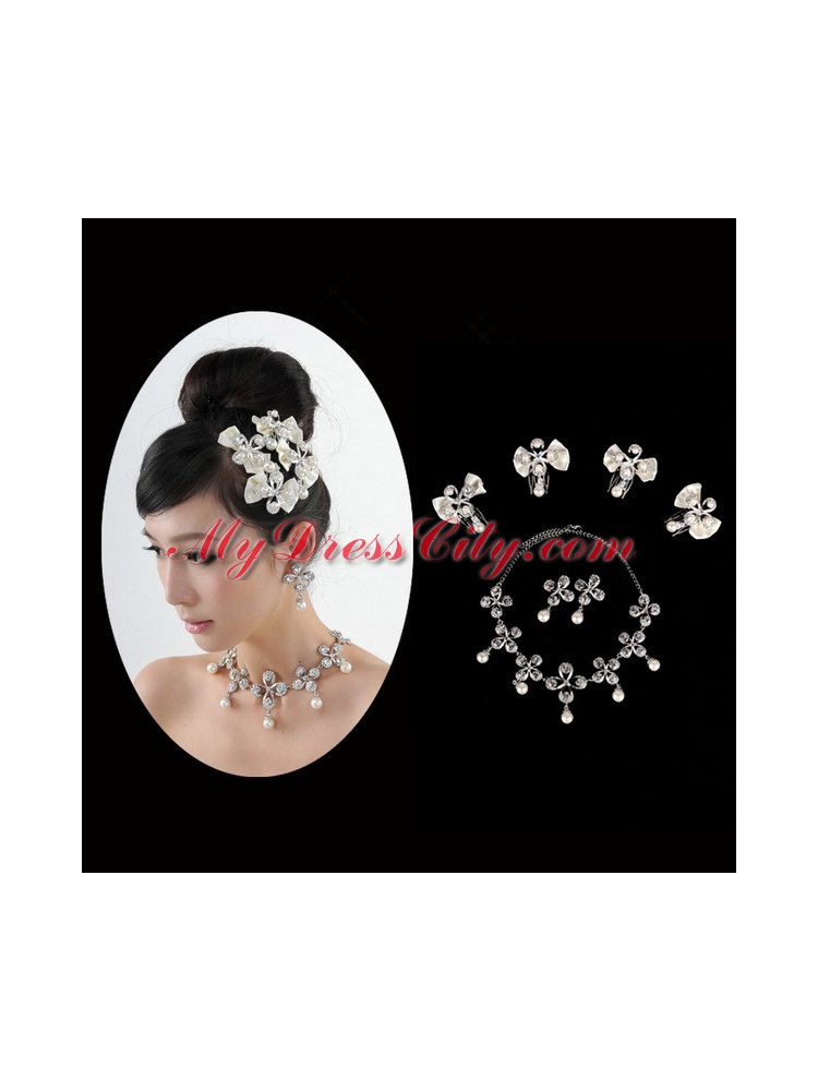 Bowknot Pearl and Rhinestone Necklace Earring Jewelry Set