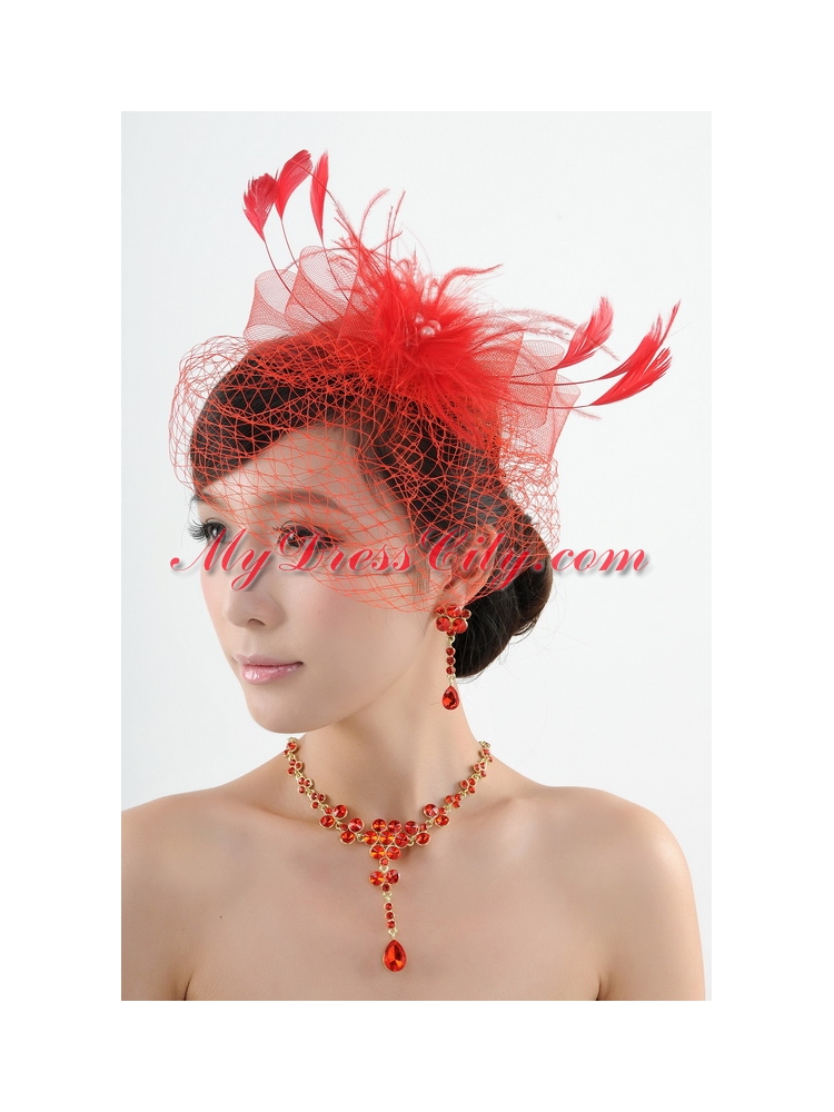 Red Crystal Wedding Jewelry Set With Necklace and Feather Headpiece