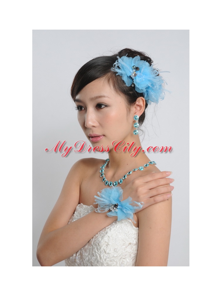 Auqa Blue Rhinestones Alloy Jewelry Sets Including Earing and Necklace