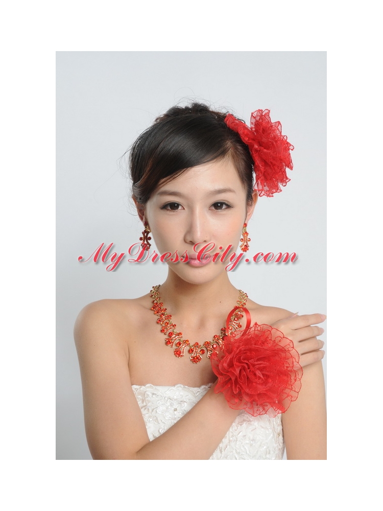 Red and Gold Jewelry Sets Including Necklace and Earings