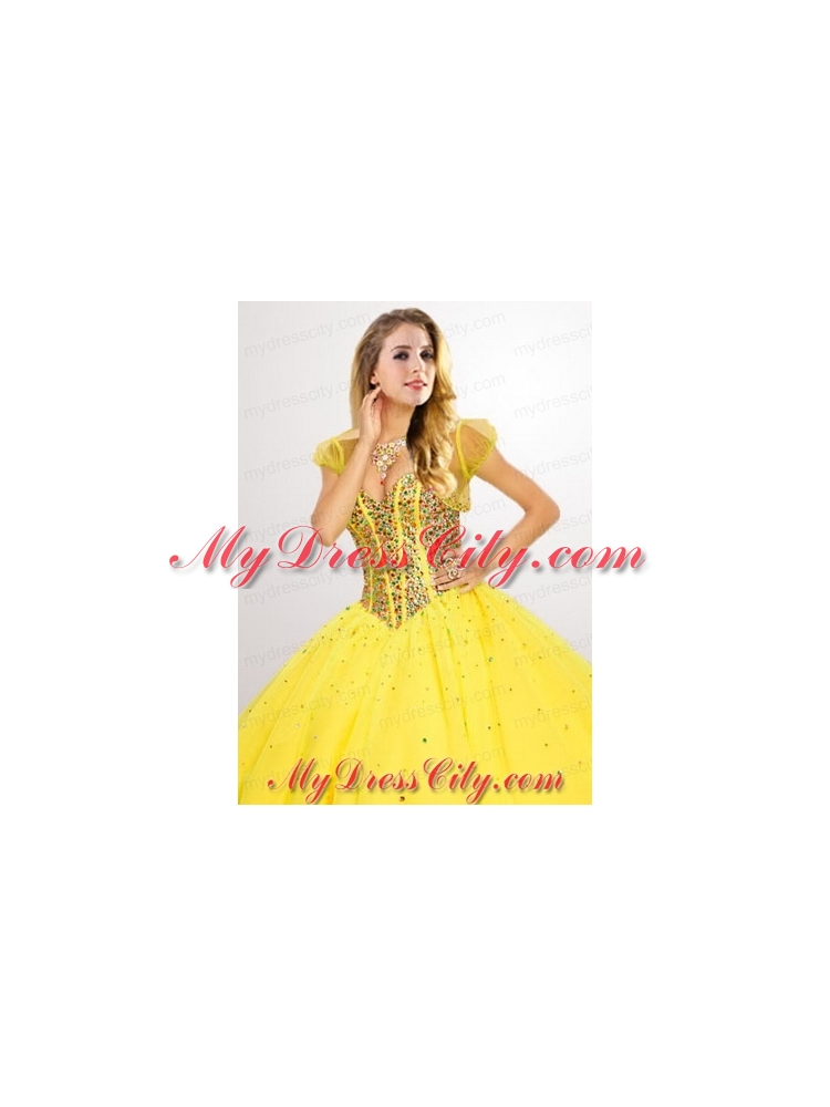 Fashionable Tulle Short Beading Quinceanera Jacket in Yellow