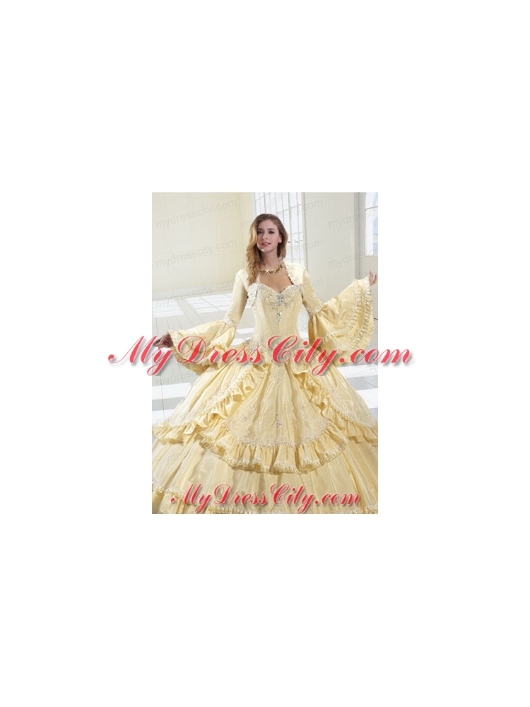 Gorgeous Light Yellow Long Sleeves Quinceanera Jacket With Ruffles and Beading