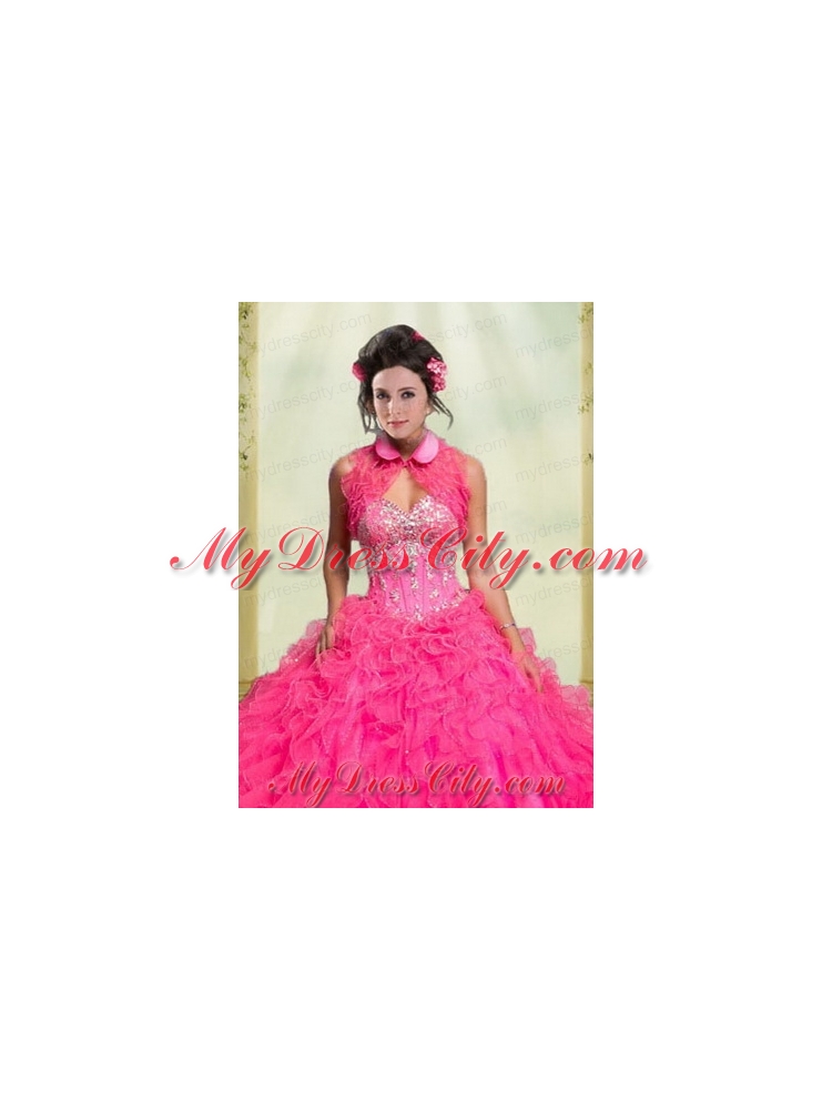 Beautiful Ruffles Organza Button Sleeveless Quinceanera Jacket in Hot Pink