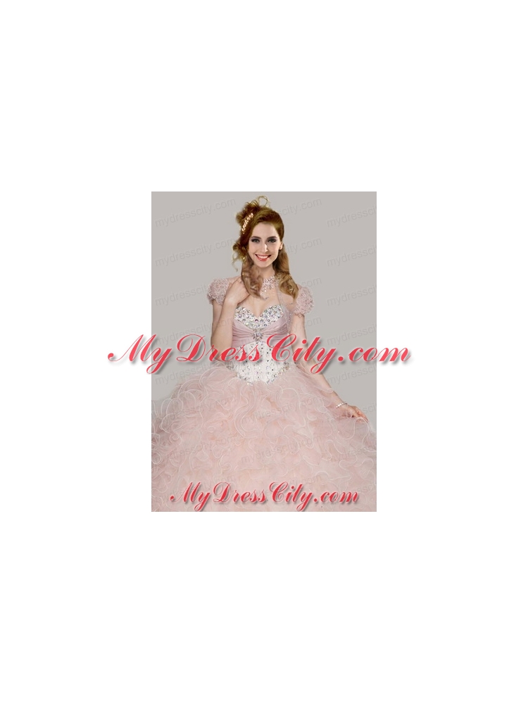 Best Baby Pink Organza Open Front Quinceanera Jacket with Ruffles and Beading