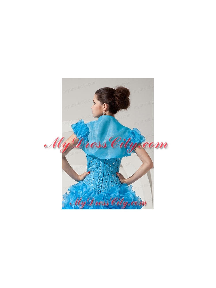 Modest Open Front and Ruffles Quinceanera Jacket in Baby Blue For 2014