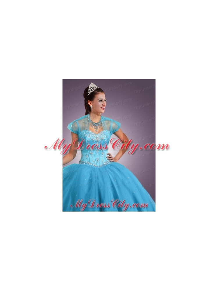 Newest Baby Blue Tulle short Quinceanera Jacket with Beading and Sequins