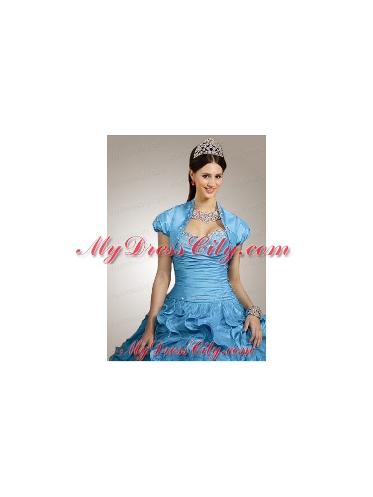 Special Beading and Ruffles Quinceanera Jacket with Ruching in Aqua Blue