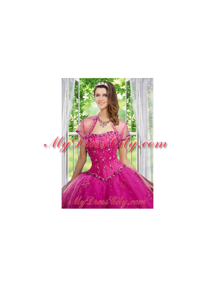 Beautiful Beading and Appliques Hot Pink Tulle Quinceanera Jacket