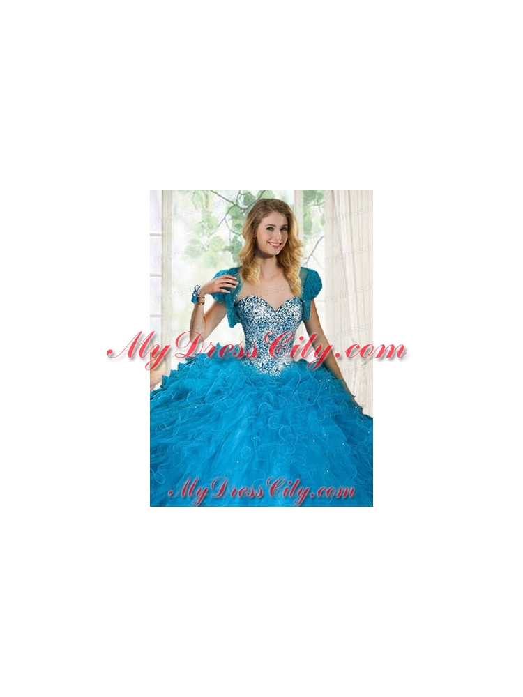 Brand New Blue Organza Quinceanera Jacket with Beading and Ruffles