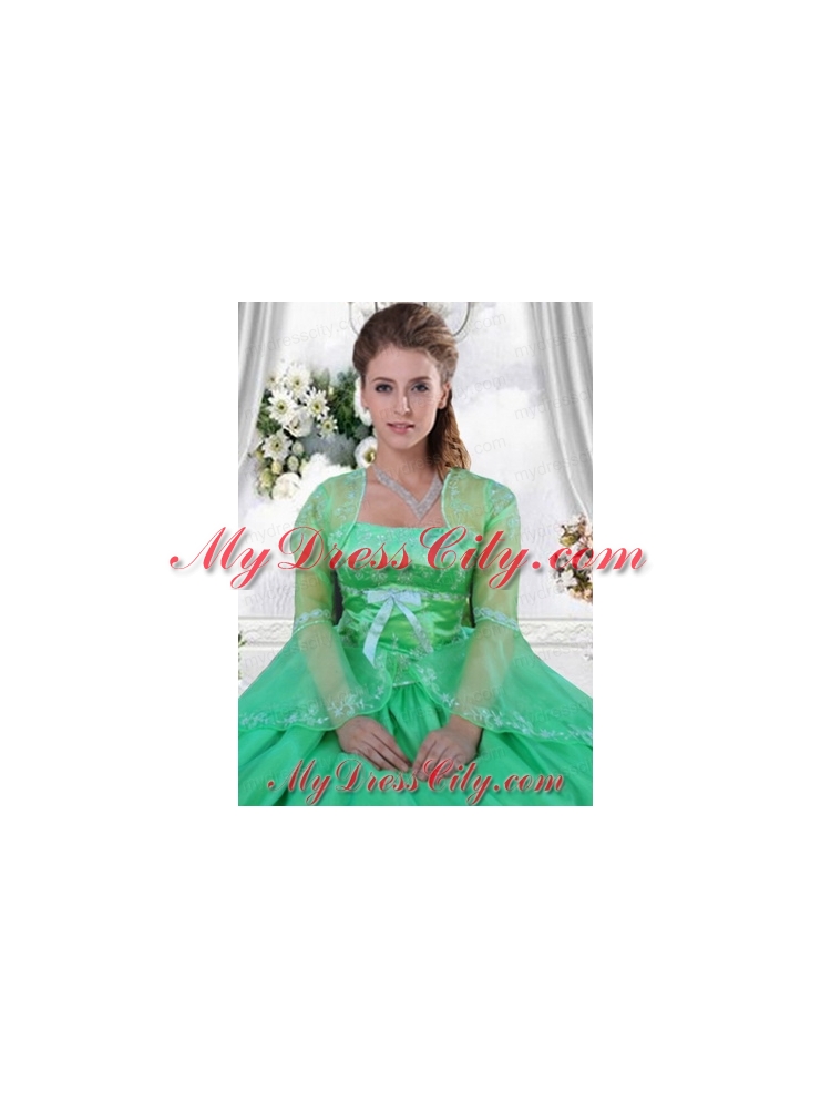 Custom Made Embroidery and Beading Green Long Sleeves Jacket For Quinceanera