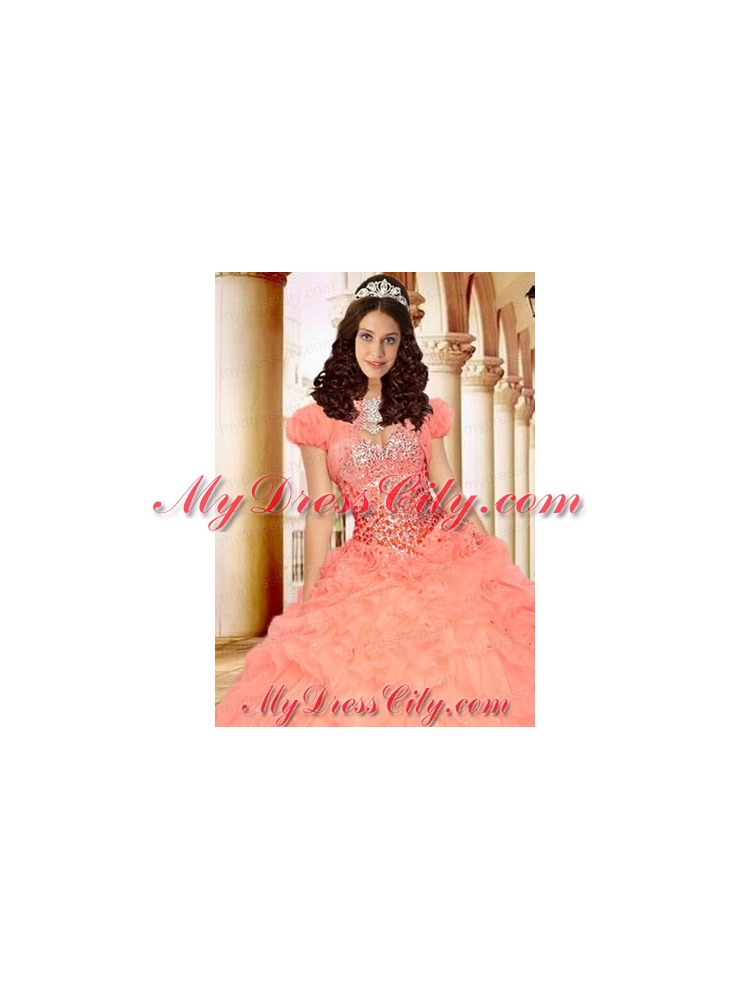 Excellent Peach Organza Quinceanera Jacket with Ruffles and Beading