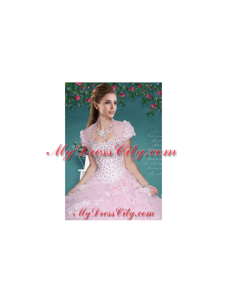 Fashionable Baby Pink Organza Quinceanera Jacket with Beading and Ruffles