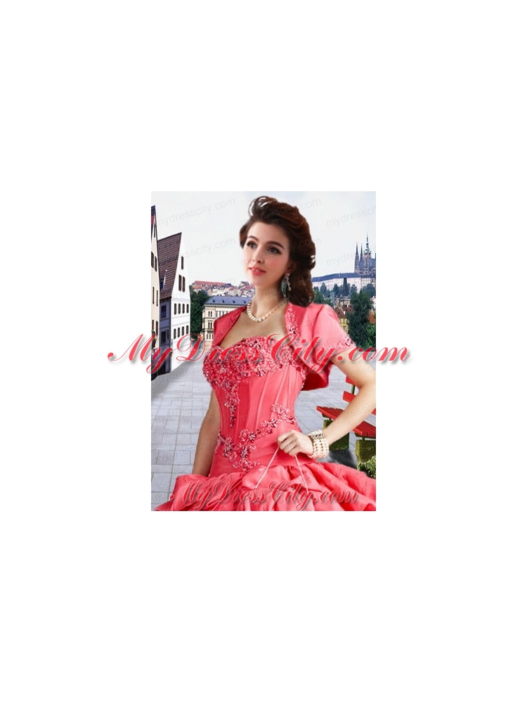 Fashionable Taffeta Appliques and Beading  Watermelon Red Jacket For a Quinceanera