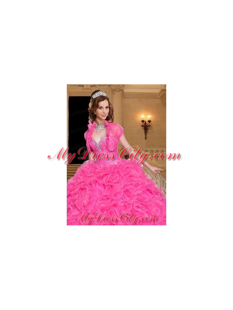 Most Popular Beading and Ruffles Hot Pink Quinceanera Jacket with Open Front