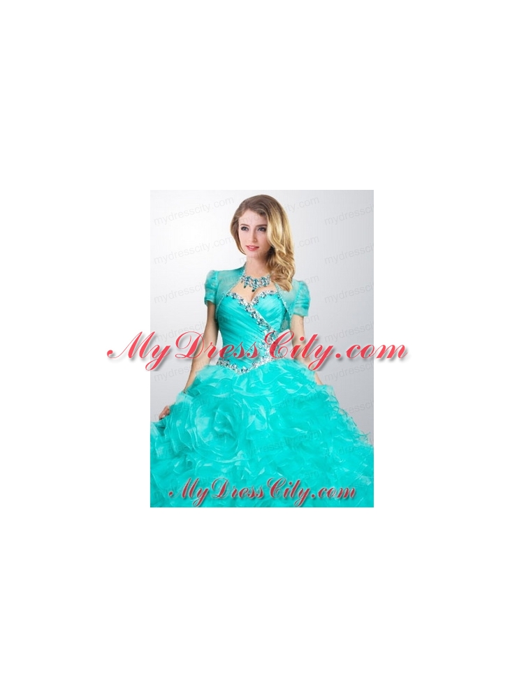 Gorgeous Turquoise Organza Quinceanera Jacket with Ruffles and Beading