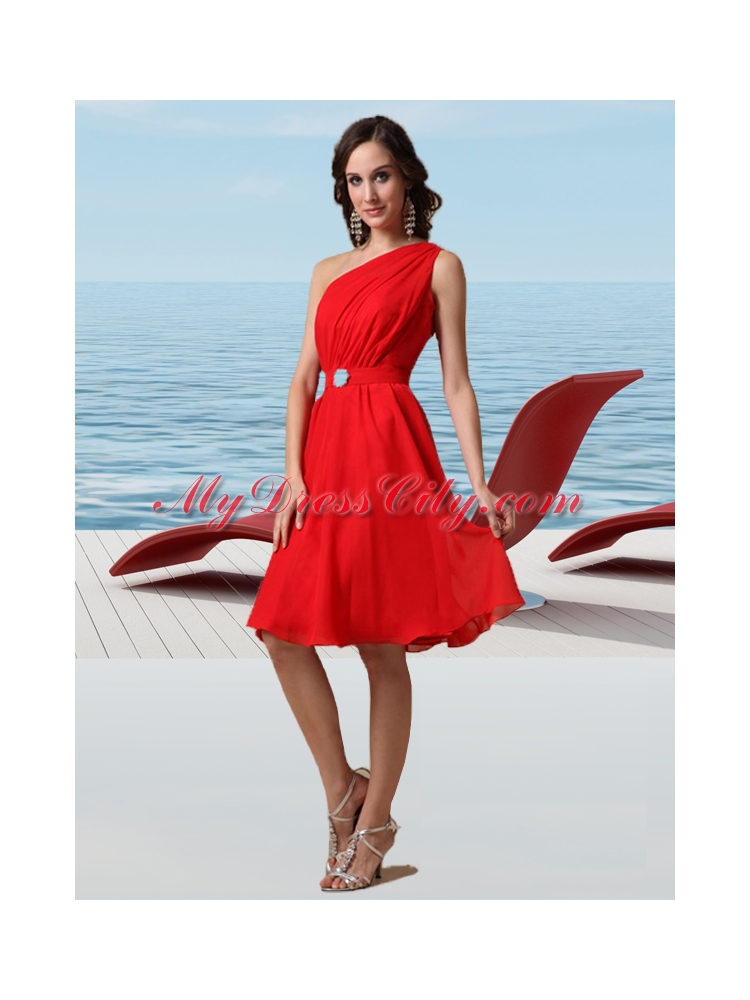 Amazing Chiffon One Shoulder Sleeveless Beading Prom Dress in Red