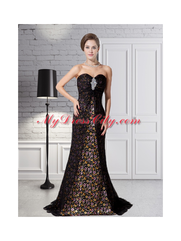 Beautiful Black Column Sweetheart Print Chiffon Prom Dress with Beading