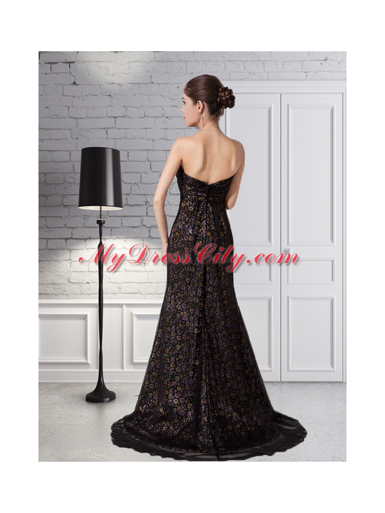 Beautiful Black Column Sweetheart Print Chiffon Prom Dress with Beading