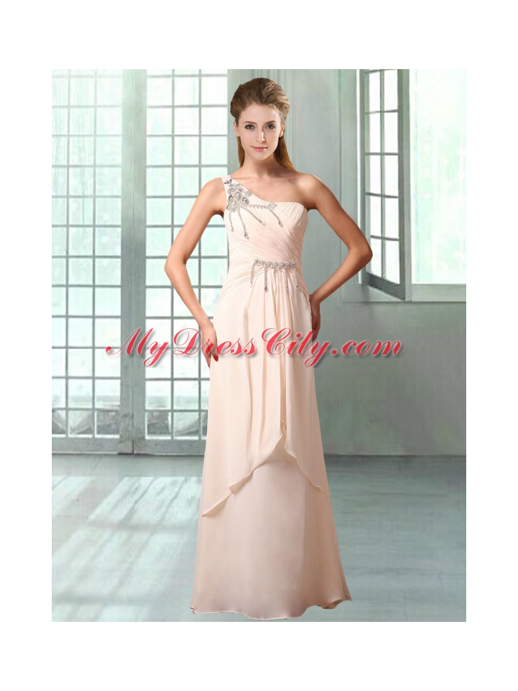 Chiffon Champagne Stylish One Shoulder Empire Prom Gowns With Beading