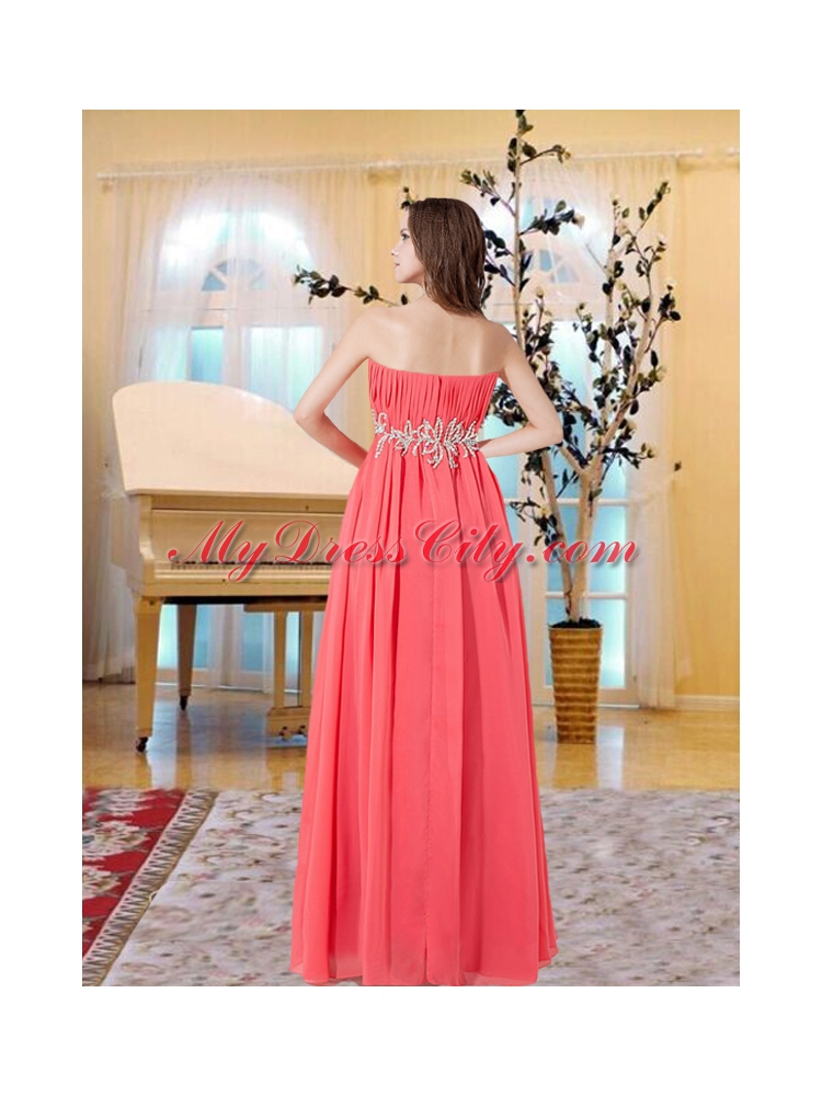 Chiffon Empire Ruching and Beading Strapless Prom Dress in Watermelon Red