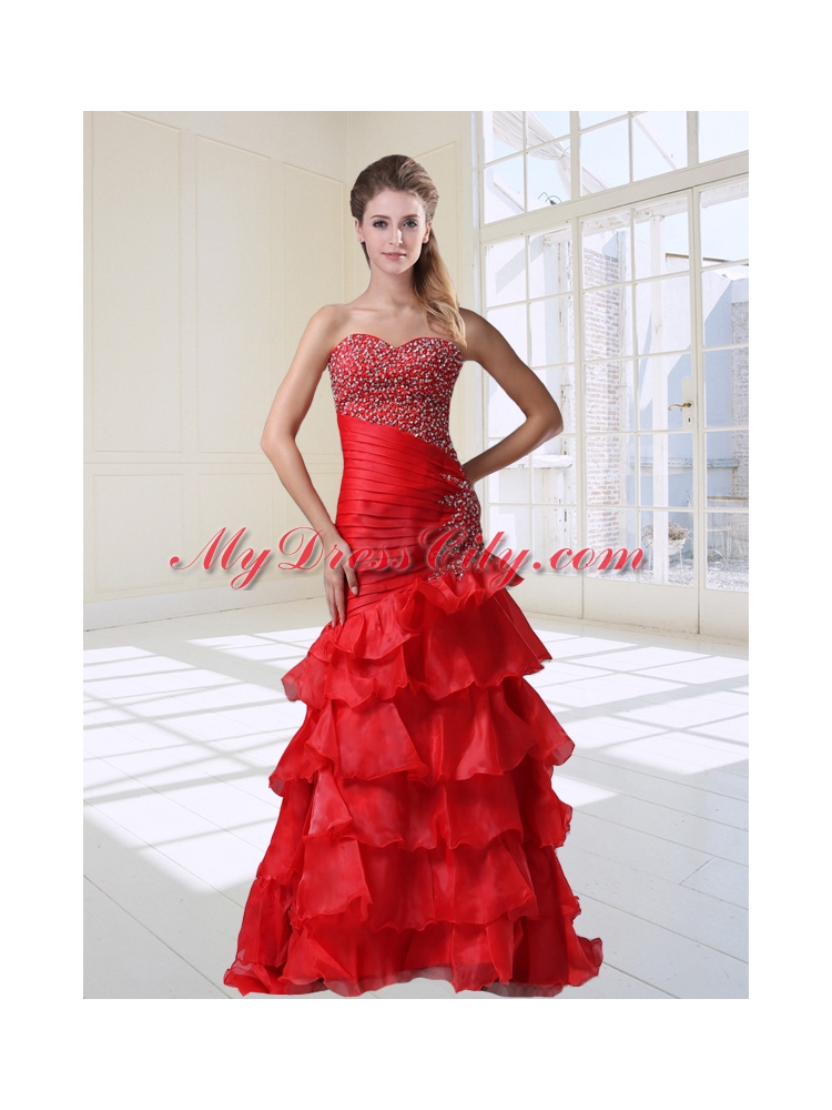 Mermaid Red Party Sexy Beaded Sweetheart Organza Floor-length Prom Dress with Ruffles