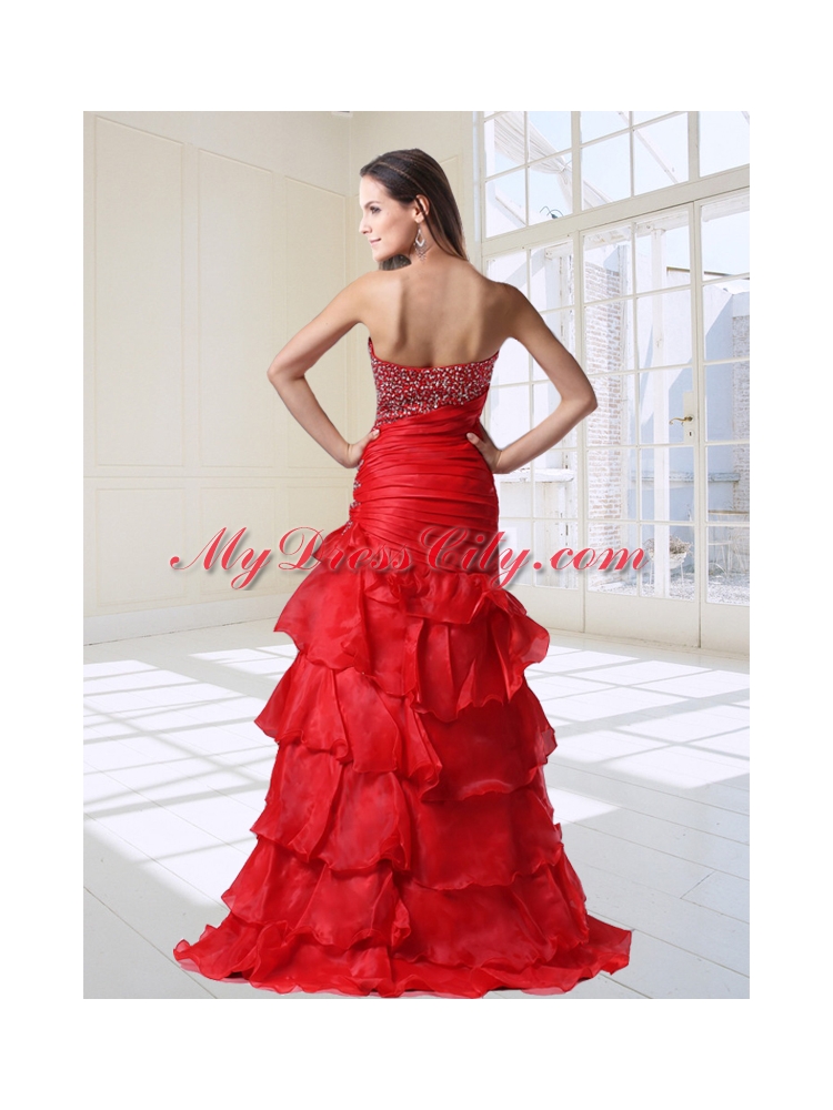 Mermaid Red Party Sexy Beaded Sweetheart Organza Floor-length Prom Dress with Ruffles