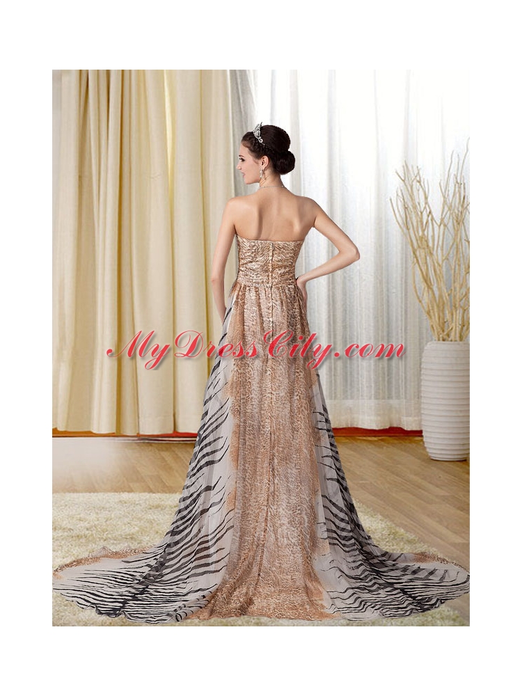 Modest Multi-color Strapless Prom Dress with Leopard Print