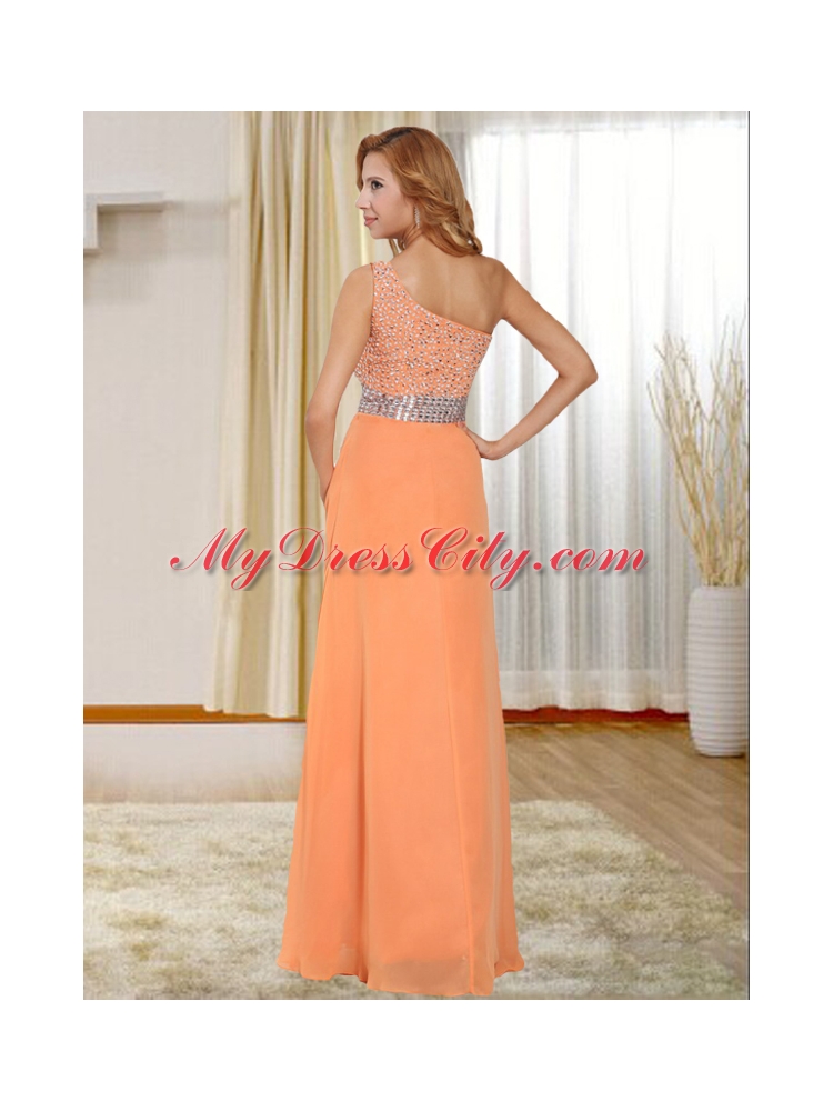 2015 Chiffon Orange One Shoulder Evening Dress with Beading and High Slit