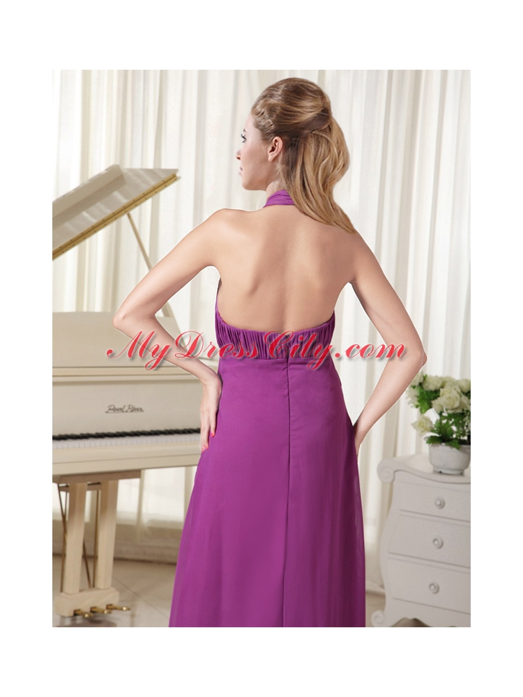 2015 Halter Top Deep V Neck Purple Prom Dress with High Slit