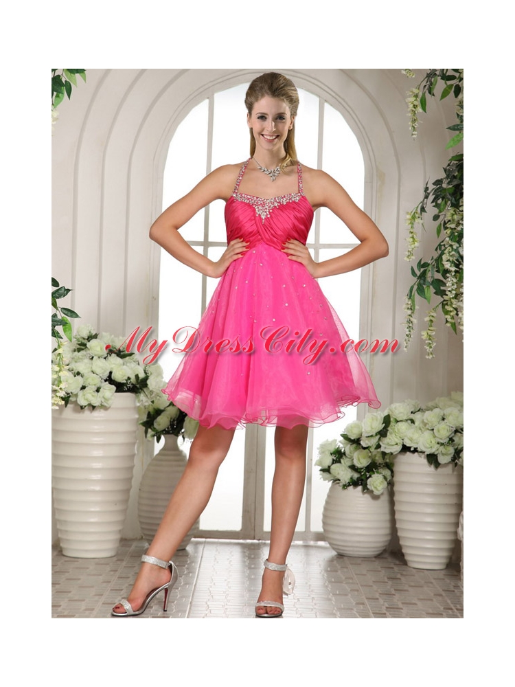 Beaded Halter Spaghetti Straps Knee Length Hot Pink Prom Dress