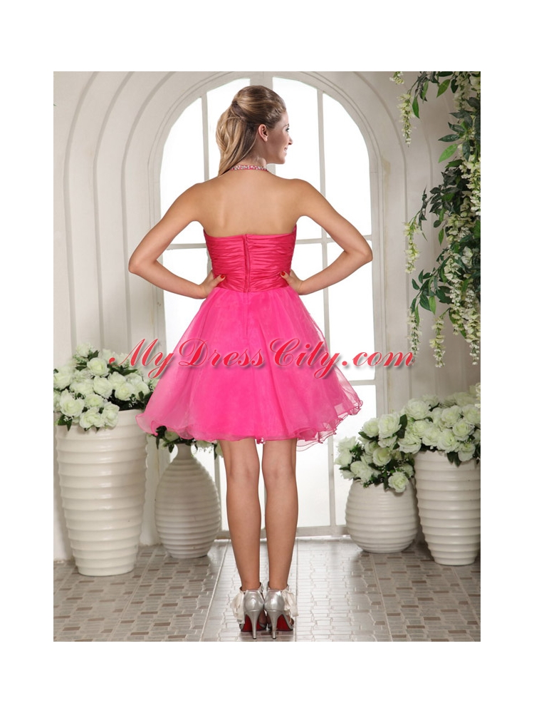 Beaded Halter Spaghetti Straps Knee Length Hot Pink Prom Dress