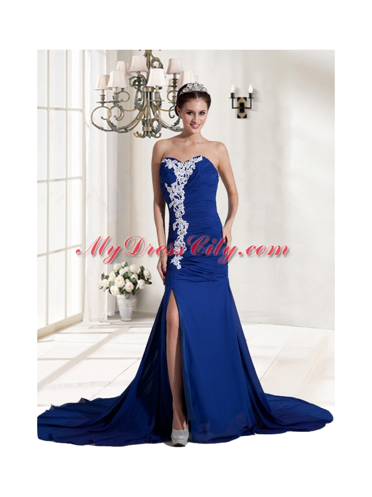 Best Ruching and Appliques Chiffon Sweetheart Prom Dress in Royal Blue