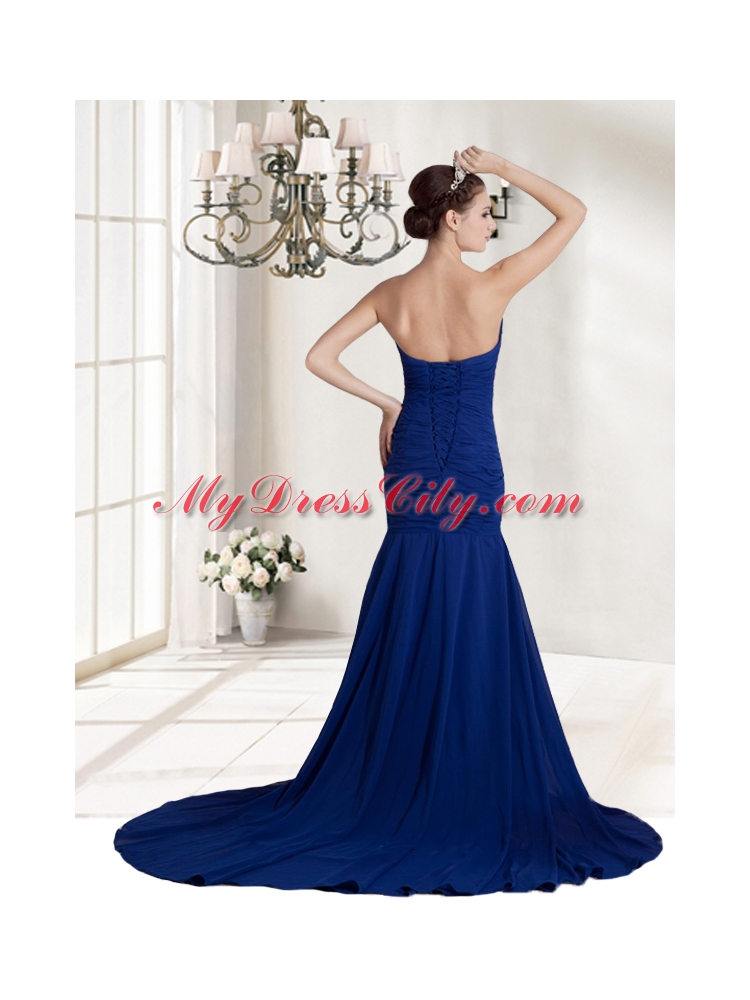 Best Ruching and Appliques Chiffon Sweetheart Prom Dress in Royal Blue