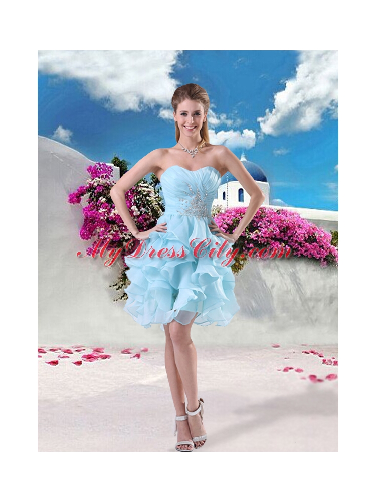 Cool Light Blue Sweetheart Beading and Ruffles Prom Dress for 2015