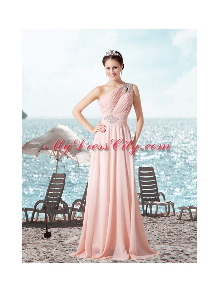 Gorgeous Empire Ruching and Beading Sleeveless Prom Dress in Baby Pink for 2015