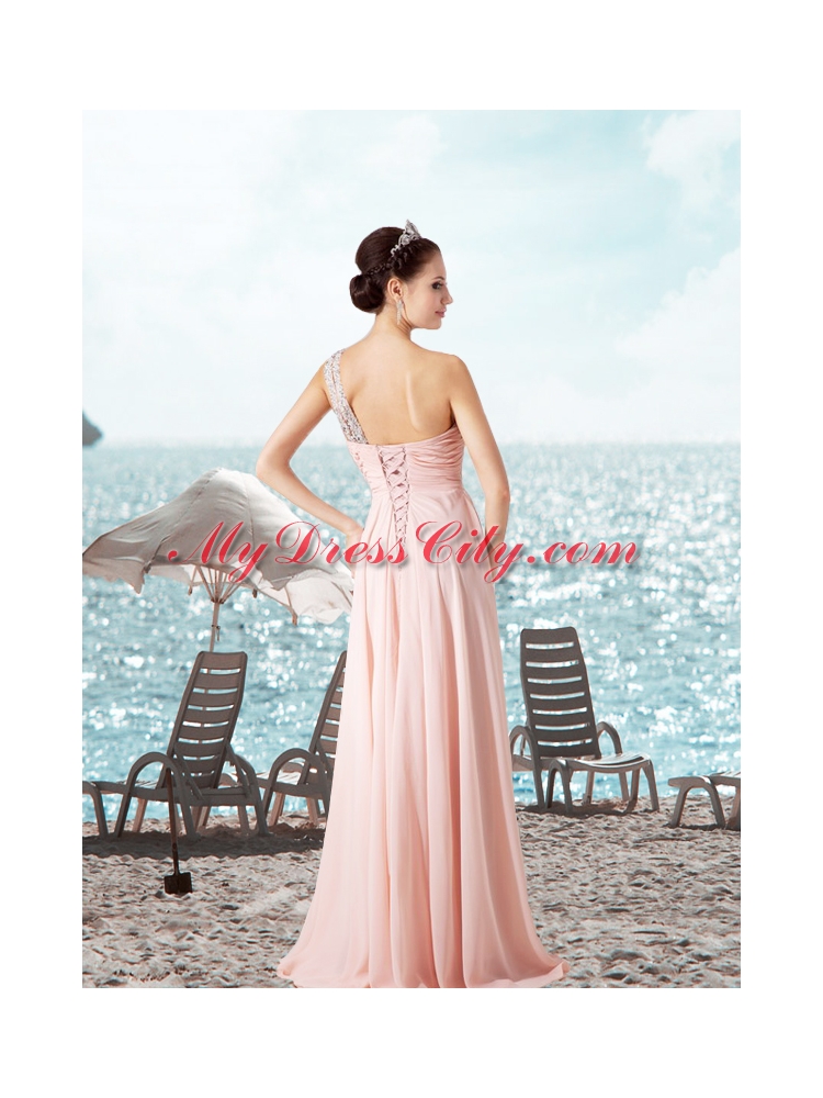 Gorgeous Empire Ruching and Beading Sleeveless Prom Dress in Baby Pink for 2015