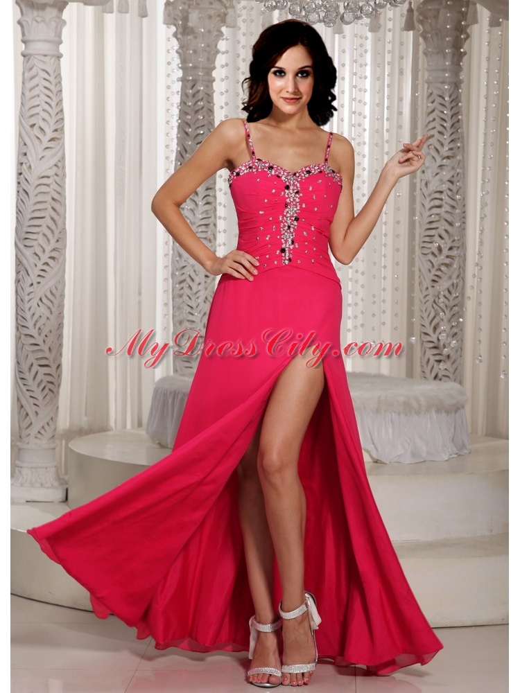 High Slit Beading Spaghetti Straps  Chiffon Prom Dress in Coral Red