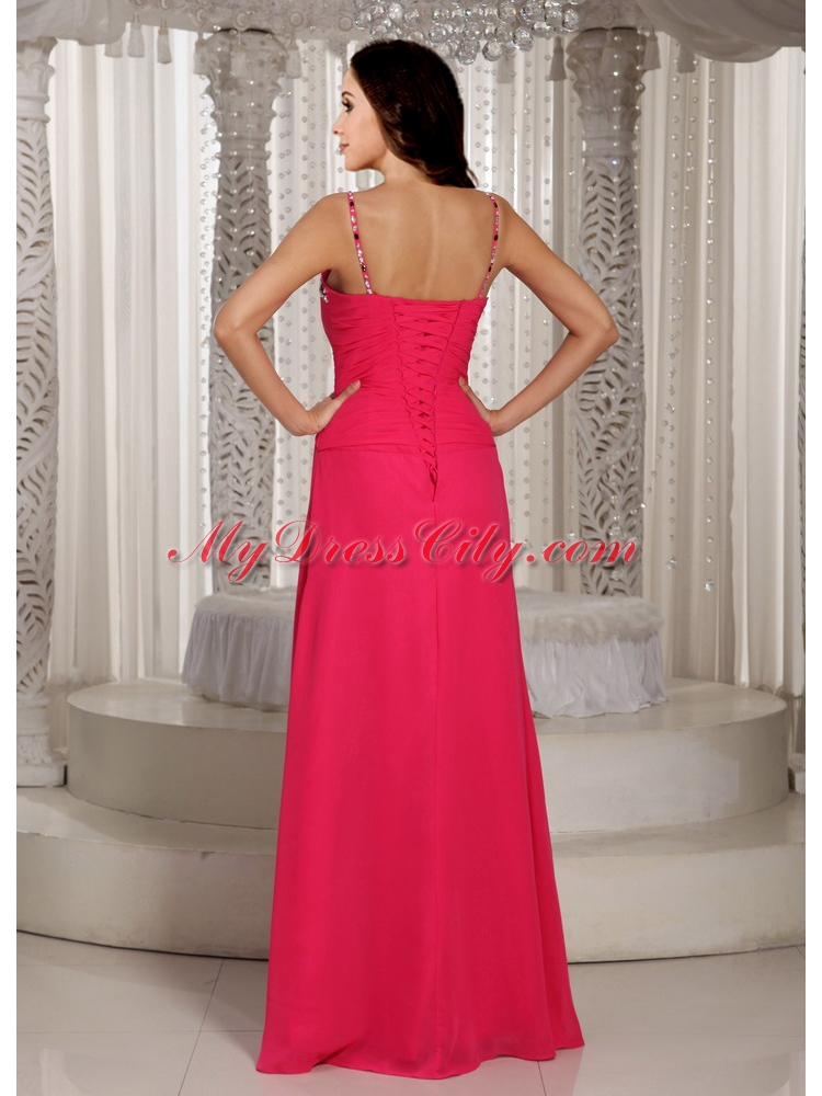 High Slit Beading Spaghetti Straps  Chiffon Prom Dress in Coral Red