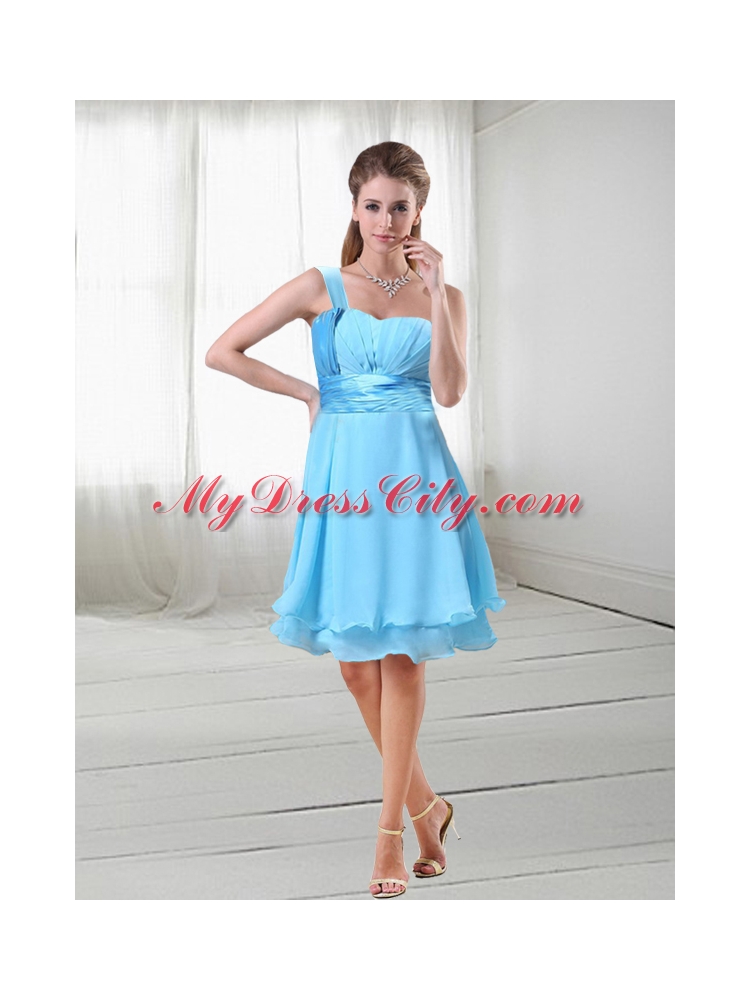 Light Blue Chiffon One Shoulder Ruched Homecoming Dress with Knee Length