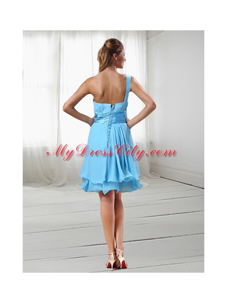 Light Blue Chiffon One Shoulder Ruched Homecoming Dress with Knee Length