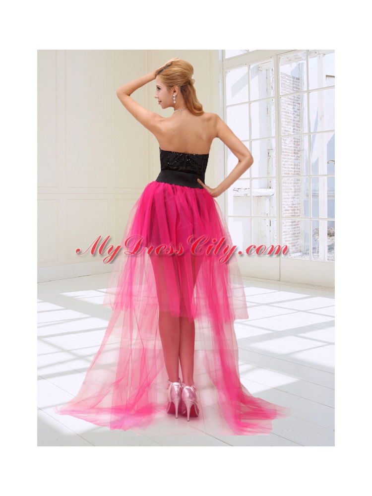 Lovely Hot Pink and Black High Low Celebrity Dress with Beading and Sequins