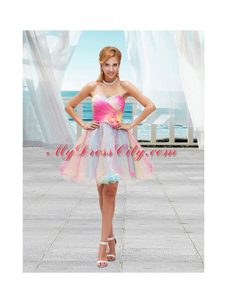 Lovely Ombre Color Organza Sweetheart Prom Dress with Ruching and Hand Made Flower