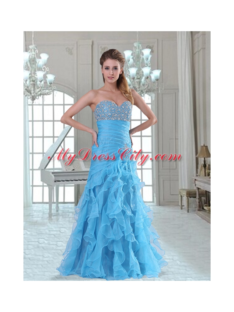 Organza Sweetheart Ruffles and Beading Prom Dress in Aqua Blue