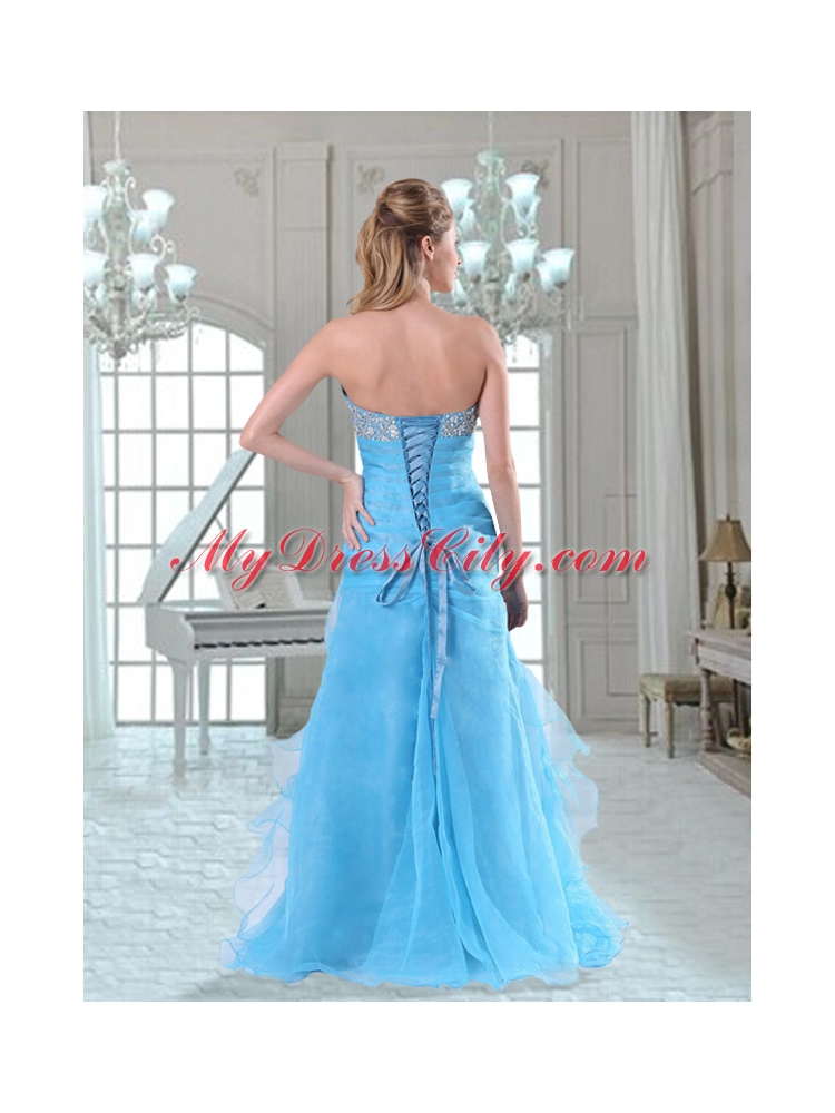 Organza Sweetheart Ruffles and Beading Prom Dress in Aqua Blue