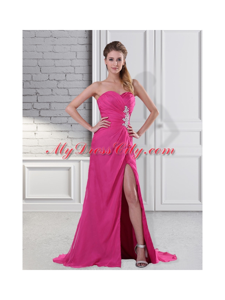 Popular Hot Pink Sweetheart Prom Dress with Beading and High Slit