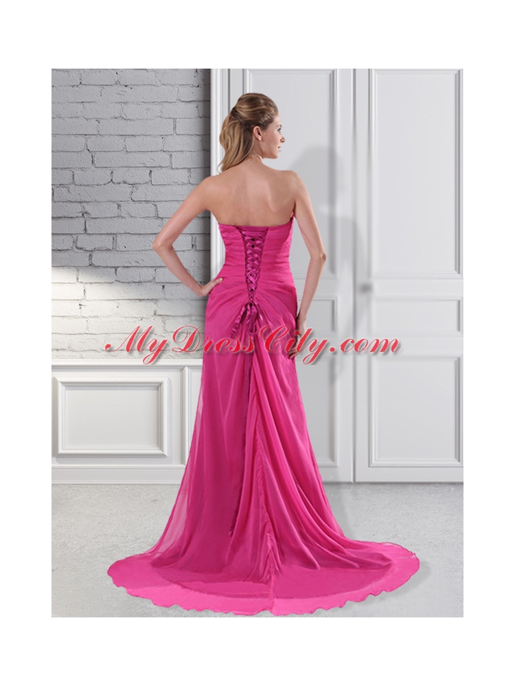 Popular Hot Pink Sweetheart Prom Dress with Beading and High Slit